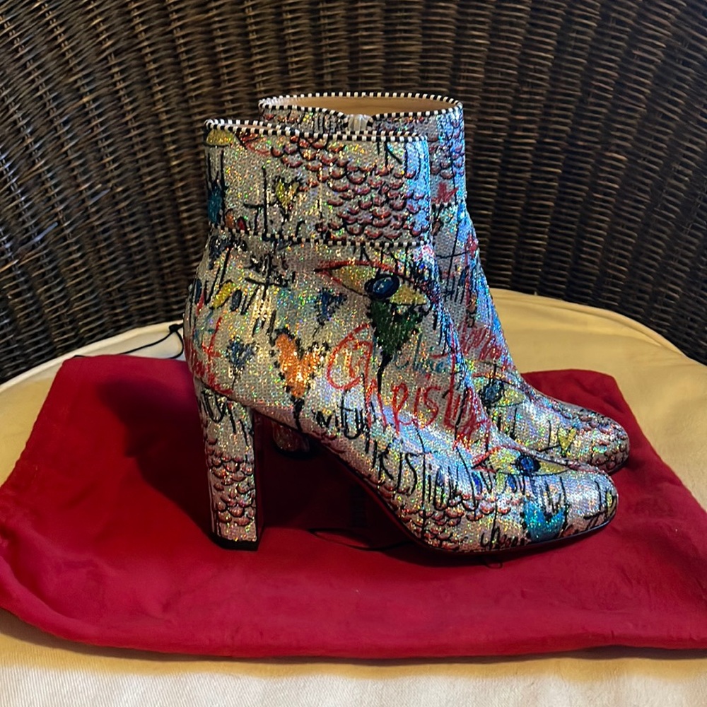 Christian Louboutin Moulamax Silver Graffiti Booties